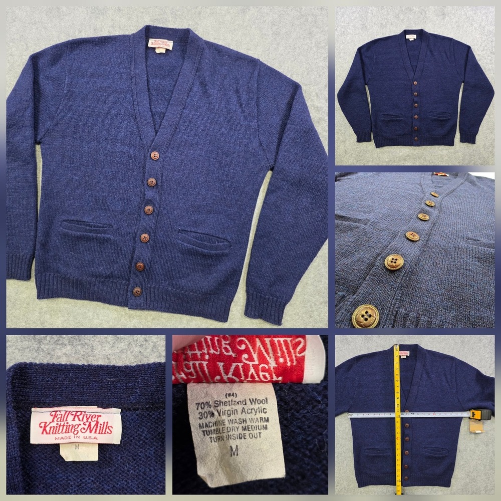 Vintage Fall River Knitting Mills Sweater Mens Medium Blue Wool Cardigan Pockets